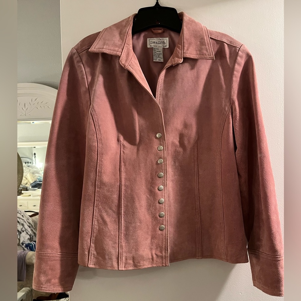 Live A Little Leather Suede Jacket Petite Medium Light Pink Snap Front Collared